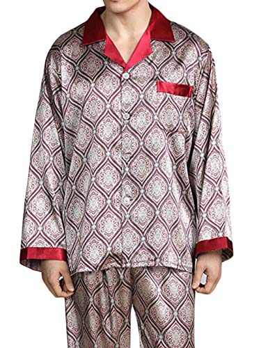 YIMANIE Mens Silk Satin Pattern Pajamas Set Classic Sleepwear Loungewear Long Sleeve Nightwear Set Sleep Shirt & Sleep Pant