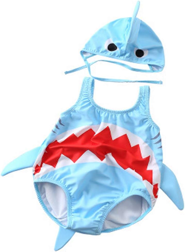 Toddler Baby Boys & Girls One-Piece Swimsuits 3D Cartoon Shark Rash Guard Swimwear Set Bathing Suit with Hat for Kids