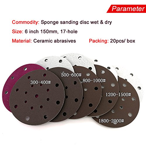 6 Inch 17-Hole Round Sponge Sanding Disc Sandpaper Hook and Loop 300-2000 Grits for Polishing & Grinding (Pack of 10)