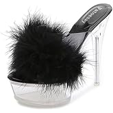 Fantoesay Women's Clear Stiletto Heels Sandals Platform Open Toe Slip On Mules Fluff Sandals