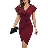 Machico 2026 Women's Sexy V Neck Ruffle Sleeve Faux Wrap Ruched Bodycon Sheath Cocktail Party Work Dress