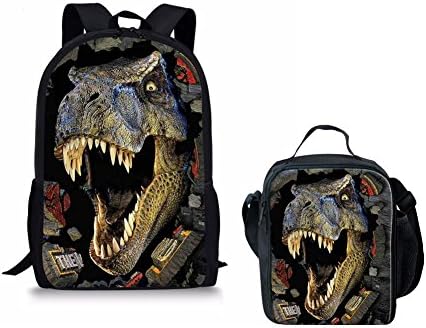 Instantarts 3D Dinosaur Print Shoulder Backpack + Lunch Bag for Kids School Set