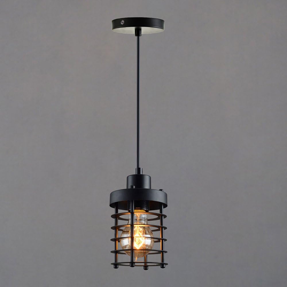 WINSOON 3 Pack Pendant Light Fixture Mini Rustic Metal Cage Hanging Lighting (Black, 3Pack) - - 