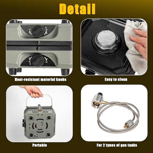 2 Burner Propane Camping Stove with Grill, 14000 BTU Portable Foldable Camp Stove with Steel Braided Hose and Carrying Bag, Adjustable Burners, Suitable for Backyard BBQs Camping and Outdoor Cooking