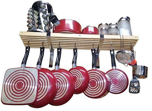 36" wooden wall mounted pot rack with 10 hooks. Wall rack. Pan rack. Hanging pot rack. Wood Pan Pot hanger. Hanging pot holder. Kitchen wall shelf. Kitchen pots pans organizer shelf 36x10 inch chrome - Thumbnail 4