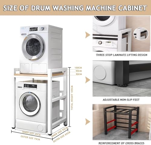 Dryer Stand Height Adjustable, Portable Stacking Kit for Front Loader Washing Machine & Tumble Dryer, Storage Rack Over Washing Machine Storage Unit, 400kg Load Capacity BlackFrame White