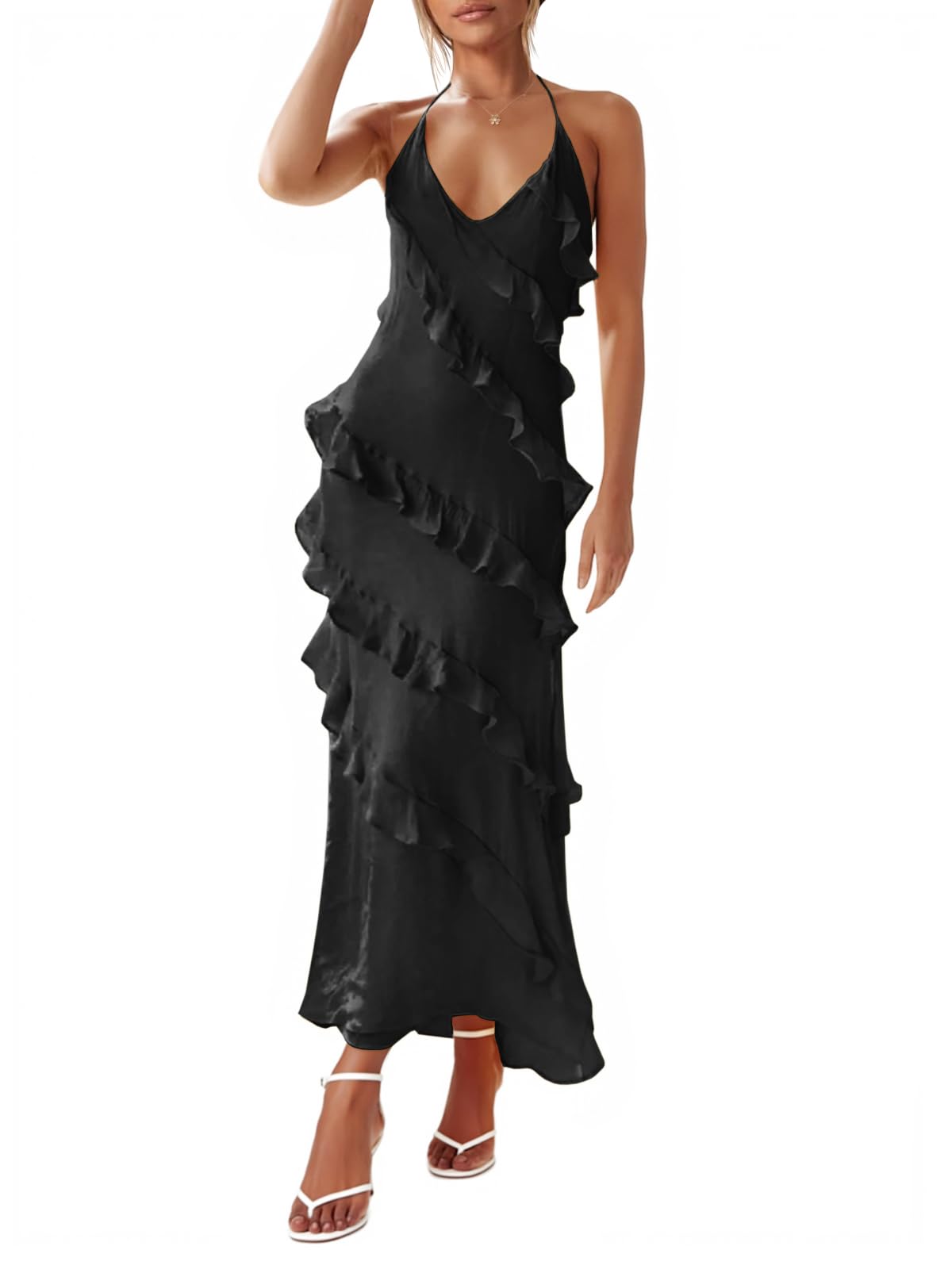 Photo 1 of Wenrine Womens Sexy Chiffon Halter Maxi Dress Sleeveless Backless Ruffle Tassel Club Party Dresses Black XS