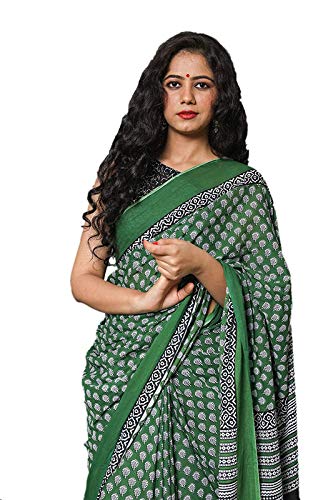 Hand Block Printed Cotton Mulmul Saree with unstitched Blouse (Jaipuri Print)