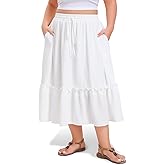 LassDazz Women's Plus Size Midi Skirt Ruffle Flowy Casual Skirts for Women Midi Length Aline Floral Skirts with Pockets