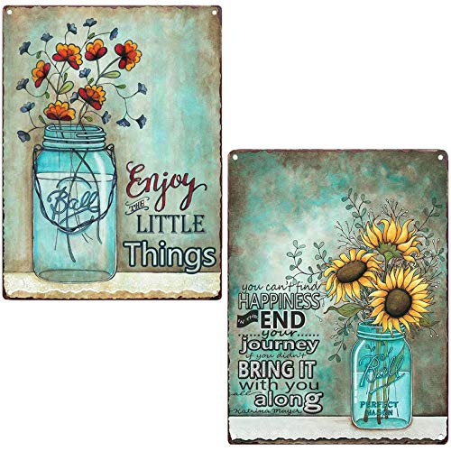 TISOSO Two Glass bottle Floral Sunflowers Poppies Metal Tin Sign Wall Art Decor for Living Room Vintage Art Coffee Bar…