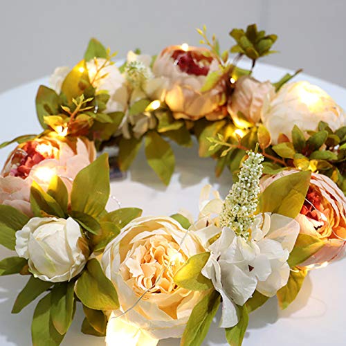 IRONLAND 15'' Peony Flower Wreath for Front Door Artificial Floral Wreath with Green Leaves, Spring Summer Garland Wreath for Wall Wedding Party Home Décor (with a Bunch of Lights)