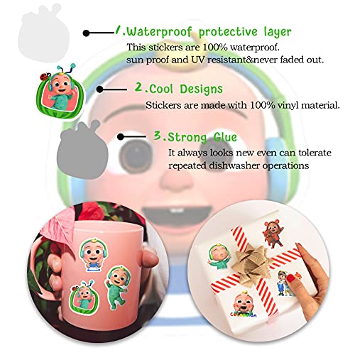 100 PCS Cocomelon Stickers, Vinyl Waterproof Cartoon Stickers, Cute Variety Pack for Laptop Computer Water Bottle Skateboard, Decal for Teens Adults Kid Gift