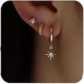 Gold Earrings for Women 14K Gold Plated Cubic Stacks Earring Star Moon Diamond Starburst Huggie Hoop Earrings for Women Trendy Jewelry