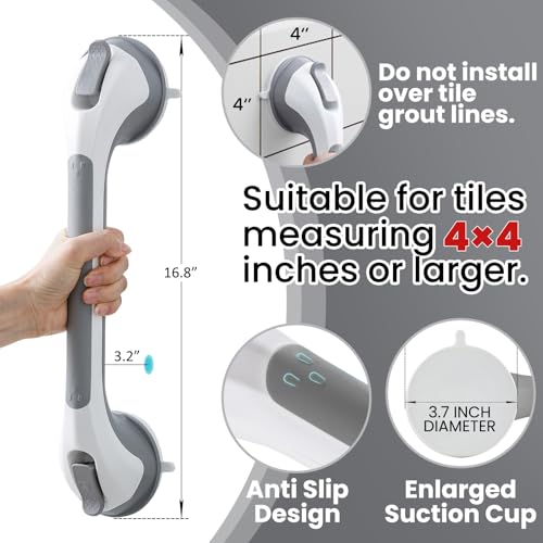 TAILI Shower Suction Cup Grab Bar Bathtubs Handrails for Seniors Elderly, No Drilling Waterproof, Grey, 2 Pack, 16 Inch