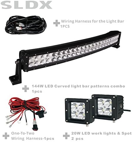 SLDX 144W 26INCH Curved Combo LED Light Bar 2PCS 20W LED Work Light 1set one-to-two Wiring Harness 1set one-to-one Wiring harness (light bar+2pcs SPOT BAEM work light+2set wiring)