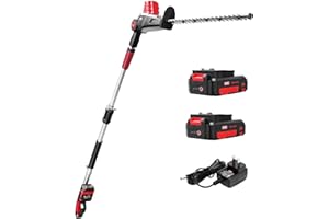 MZK 20V MAX 23-inch Cordless Pole Hedge Trimmer Attachment, 8-Feet Reach, Electric Hedge Trimmer with Extension Pole, Multi-Angle (Two Batteries and Charger Included)