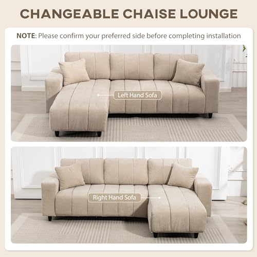 HOMCOM Sectional Couch with Changeable Chaise, Integrated Seat, 95" Large 3 Seater L-Shaped Sofa with Spring Cushion, 2 Pillows, Steel Frame, Sectional Sofa for Living Room, Beige