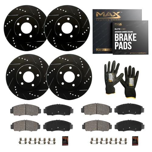 Max Advanced Brakes Front & Rear Brake Kit Compatible With 2013-2015 2016 2017 2018 2019 Ford Explorer Flex Taurus Replacement Drilled Slotted Black Coated Disc Brake Rotors and Ceramic Brake Pads