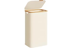 SONGMICS Laundry Hamper, Slim Laundry Basket with Lid, Foldable Storage Basket, Bamboo Frame, for Bedroom, Living Room, Oxfor