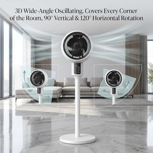 Pedestal Air Circulator Fan with Remote Control, Smart 3D Oscillation Cooling Fan for Bedroom Home Office, 3 Speeds, 7.5H Timer, 46 to 92cm 3-Way Adjustable Height Table Standing Fan, White