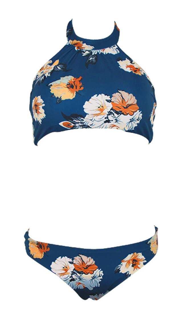 DFXIU Bagno Blu Donna Bikini Vintage Sexy Pad Fiori Costumi Costume Donna Mare Due Pezzi (EU28-36)