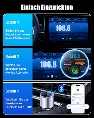 EOIWUY Upgraded Bluetooth Adapter Car, [Quick Charge] FM Transmitter Car Bluetooth 5.3 with PD36W & QC3.0 18W, [HiFi Crystal Clear Sound] Hands-Free Car Charger GPS Modules