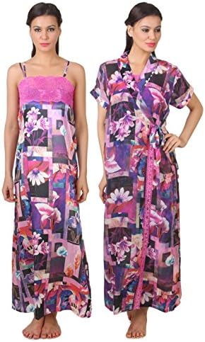 Fasense Women's Chiffon & Satin 2 Pcs Set Of Nighty & Wrap Gown