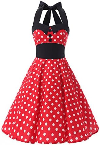 Vintage 50s 60s Cute Halter Retro Style Shirt Collars Cocktail Swing Dress -Polka Dot (Large, Red with White Big Dot)