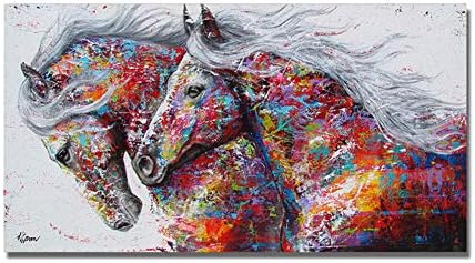 SIWEN Wall Art Picture Canvas Oil Painting Animal Print For Living Room Home Decor The Two Running Horse No Frame,19.6X39.3Inch(50 * 100Cm) [Energy Class A]