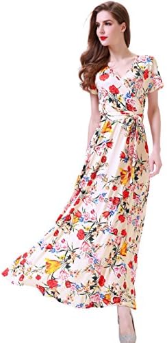 Melynnco Women's Short Sleeve Faux Wrap V Neck Cute Summer Floral Maxi Dress