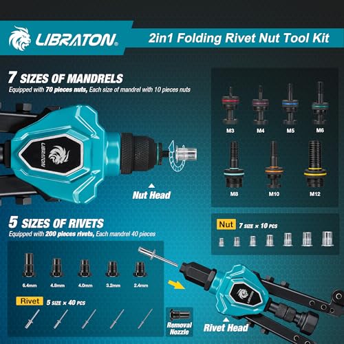 LIBRATON 2 in 1 Folding Threaded Insert Rivet Pliers, 7 Mandrels (M3-M12) & 5 Bits (2.4-6.4mm), Includes 70 Crimp Nuts and 200 Pop Rivets, Powerful Manual Tool for Auto and DIY