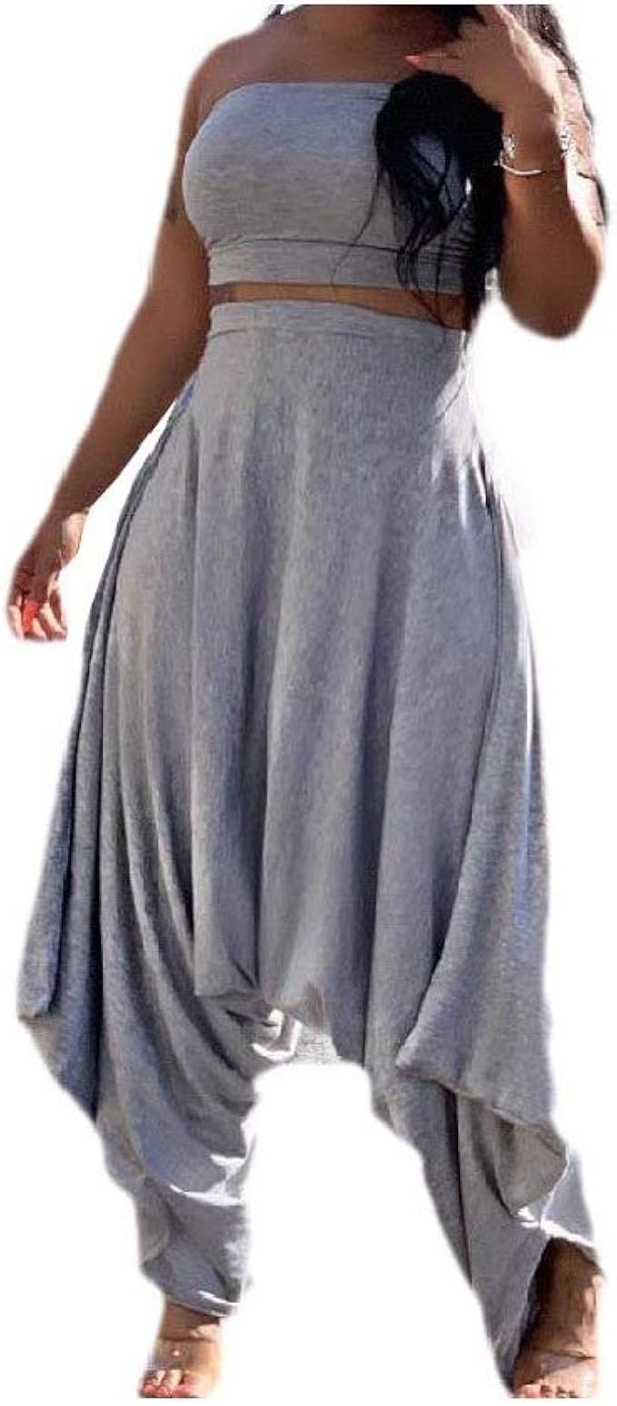 Amazon Co Jp Energywd 女性ソリッドカラーラップ胸フリルハーレムバギートップスとパンツの服 Clothing Accessories