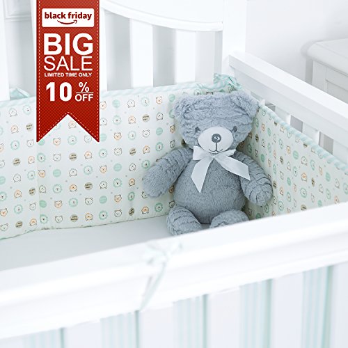 TILLYOU Printed Breathable Crib Bumper Pads for Baby Cribs(Safe & Soft),100% Woven Cotton and Microfiber Fill-in Padded Crib Liner,4 Piece/Bear Lion