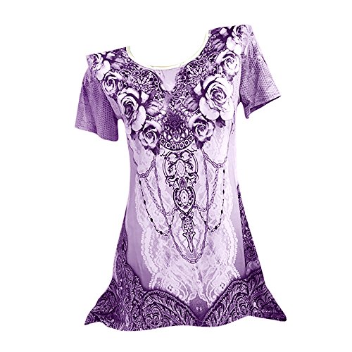 Plus Size Womens Clothing Respctful✿ Casual Short Sleeve T Shirt Boho Floral Print Top Ladies Casual Hem Blouse Purple - Thumbnail 2