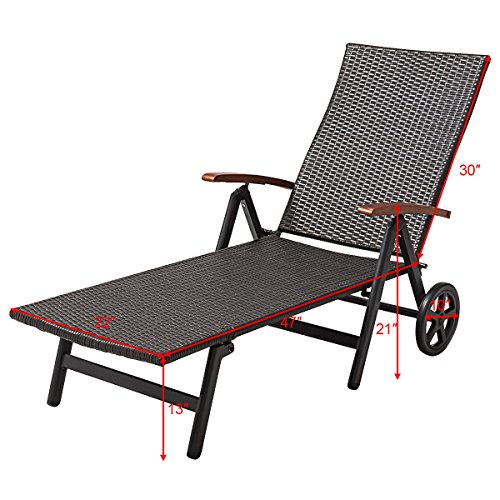 Outdoor Chaise Lounge with 2 Wheels for Easy Movement Folding Recliner