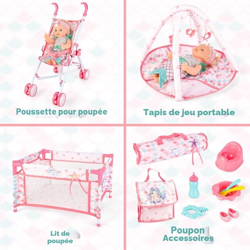 deAO 5-in-1 Folding and Portable Doll Accessory Kit with Doll 31 cm | Nursery Doll Accessories with Stroller, Cot Doll, Travel Bag and Baby Feeding Bottle, Role Play Gifts