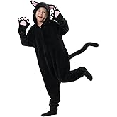 Ayrvocy Black Cat Costume for Girls, Halloween Costumes for Kids, Flannel Cat Onesie with Tail & Gloves, Ages 4–10