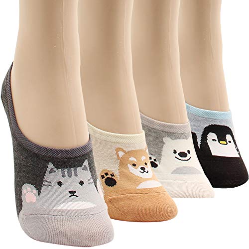 WOWFOOT Women Animal Design No-Show Casual Liner Socks Character Print Non Slip Flat Boat Line 4 Pair (4pairs-hey friends) - Thumbnail 6