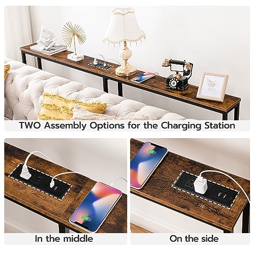 39.4" Narrow Console Table With Charging Station - Slim Sofa Table For Entryway, Marble & Metal Design