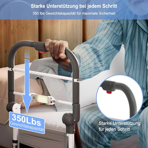 SANEWE Sponda Letto Anziani,Sponde per letto Anziani con borsa Supporto Regolabile in Altezza Pieghevole,Maniglia Antiscivolo,Luce con Sensore di Movimento,Adatto a Qualsiasi letto,Portata 160 kg