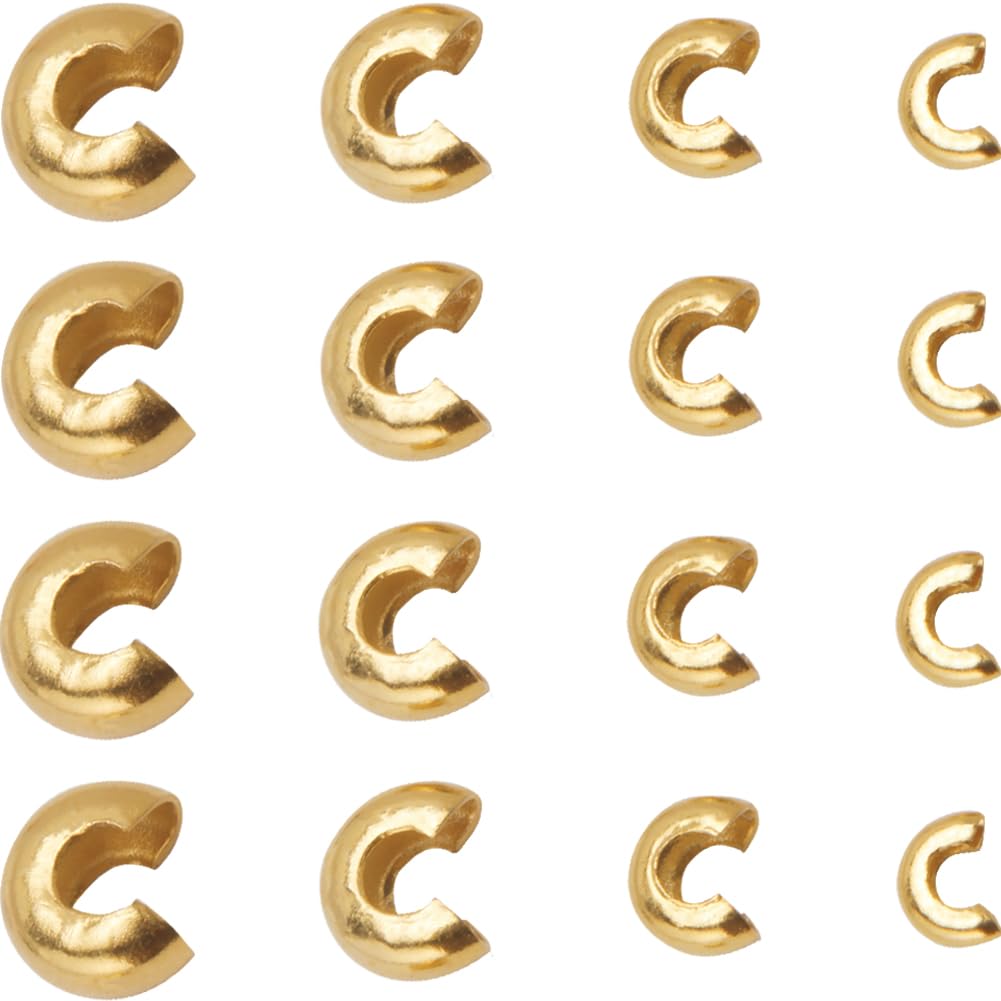 SUNNYCLUE 1 Box 80Pcs 3mm 4mm 5mm 6mm Stainless Steel Crimp Bead Covers Gold Crimp Beads Knot Covers Small Open Side Half Round End Caps Metal Spacer Beads for Jewellery Making DIY Bracelets Necklace