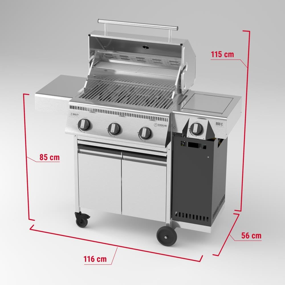 Schickling Gasgrill "Henry L - Deluxe" Edelstahlgrill Grillwagen mit Unterschrank, Doppelwandigem Deckel, 3 Brenner, 800 Grad Seitenbrenner & 3-teiligem Grillrost - Made in Germany 3