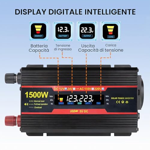 Lnopever 1500 W Power Inverter 12 V 220 V, Premium Avec Alum Cigare, Current Converter with 2 USB Ports, for Car, Steam Boat, Car Camper Refrigerator and Computer