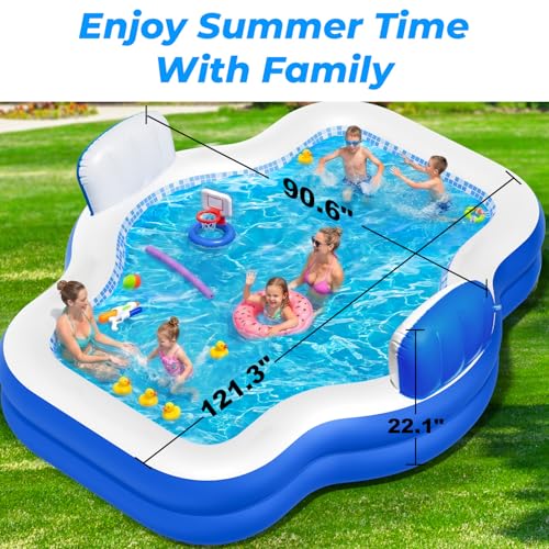 Inflatable Swimming Pool with Seat Pump, 121" X 90" X 22" Blow-Up Pool for Kids Adults Oversized Thickened Kiddie Pool Family Full Sized Inflatable Pools for Garden, Backyard, Outdoor Water Party