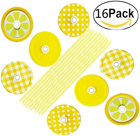 16 pcs Metal Decorative Regular Mouth Mason Jar Lids with Straw Hole , 8 Decoration Lids & 8 Striped Plastic Straw Set ( Yellow )