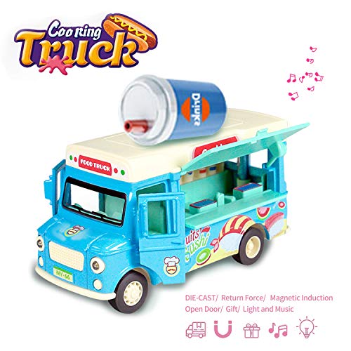 Jsbaby Car Toy Pull Back Vehicle Functional Food Truck with Music&Light Die Cast Home Decor Model Vehicle Openable Doors&Awning Friction (Blue)