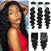 Shao R hair 100% Unprocessed Brazilian Virgin Human Hair Loose Deep Wave Bundles with Closure, 150% Full Density, 18 inches, Black, Curly Wig