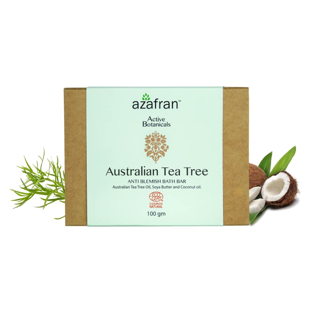 Azafran Organics Australian Tea Tree Body Bath Soap Bar, 100 Grams, With Organic Pure Essential Oil, Anti-Blemish, Antiseptic, Vegan, Non-GMO, Sensitive Skin Safe