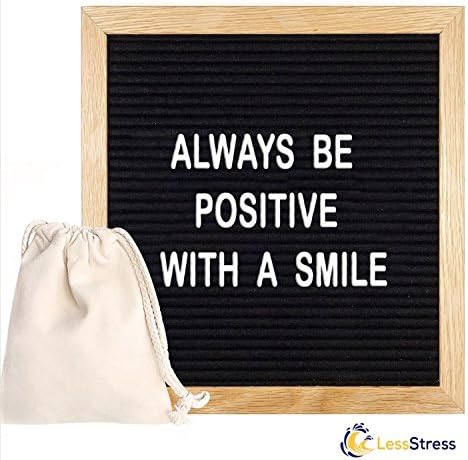 10x10 Letter Board Black Felt with Oak Frame + 290 Letters and FREE WHITE LETTER BAG by LessStress - 10x10 LetterBoard