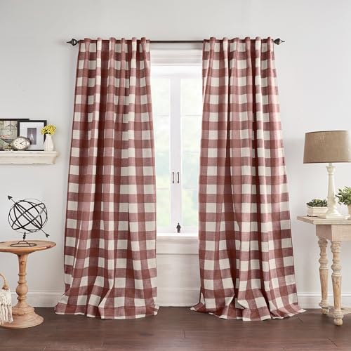 Elrene Farmhouse Living Grainger Buffalo-Check Blackout Window Curtain, Polyester,Linen, Red, 52 W x 84 L (Pack of 1)